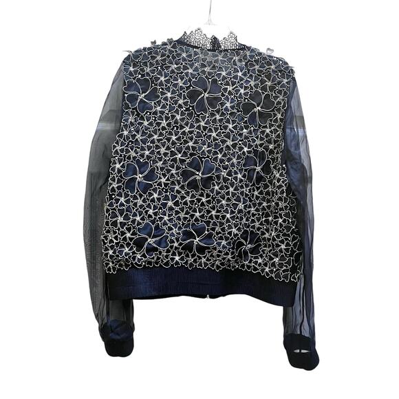 Elie Tahari Navy Silver Floral Lace Sheer Organza Silk Bomber Jacket Size Medium - Picture 6 of 12